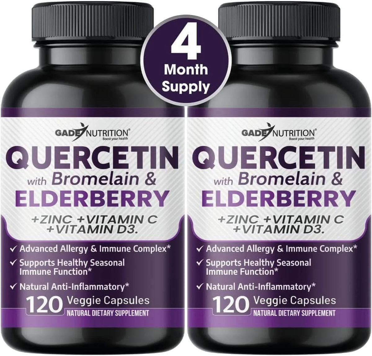 '- USA 500mg - Quercetin Vitamin - Quercetin in - Zinc Support, - D3 - Supply Quercetin 1 C Immune Vitamin Zinc and Months - Elderberry 4 Non-GMO, Daily - 6 Quercetin Bromelain with Gluten-Free with