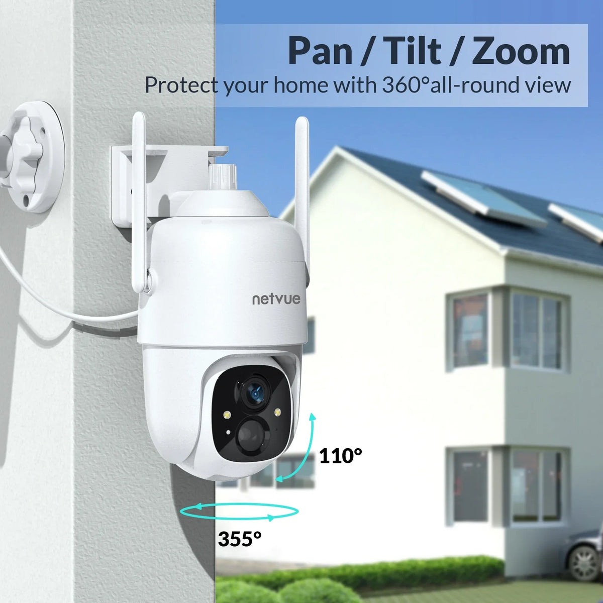 NETVUE Camera Wireless with Siren View Light/Spotlight Home 2.4G and Security 360° Motion Cameras PTZ. exterior System 3MP WiFi Security Detection Solar Strobe
