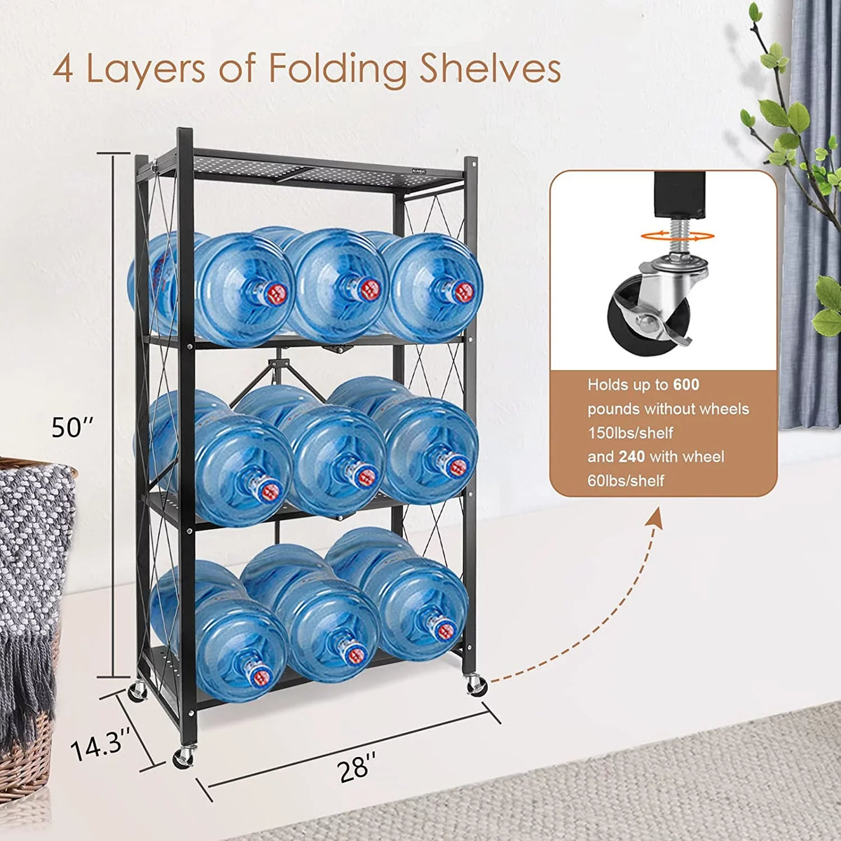 Shelf Metal Foldable 3 Black with Heavy Shelf, Hooks, Duty Storage SUGIFT Kitchen 4-Tier Shelf,