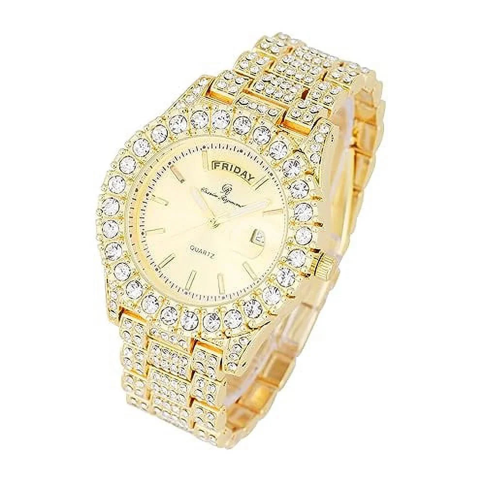 Hip ST10535 (ST10535-LN Blinged Raymond Out Gold) Hop Date Watch Read Diamond Designer &Day Mens - Rocks Timepiece and w/Easy Iced Dials- Out Colorful Fully Charles Big