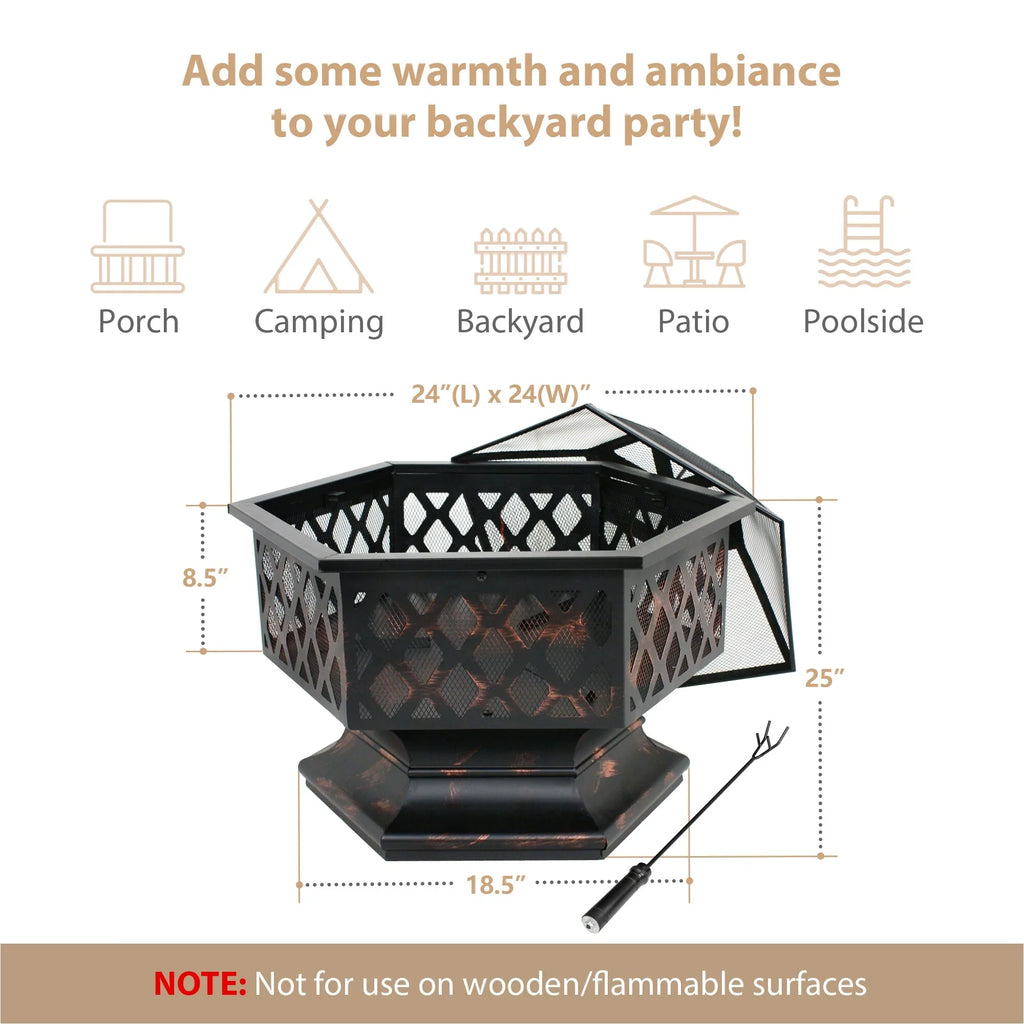 Backyard, ZenSports Pit Pire - Burning Lid, Black Bonfire W/Mesh Hex-Shaped Portable Wood 24’’ exterior