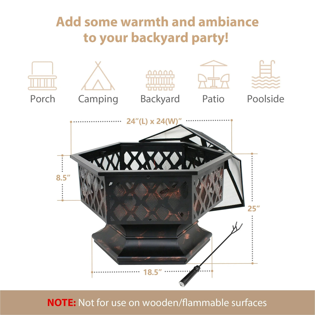 Backyard, ZenSports Pit Pire - Burning Lid, Black Bonfire W/Mesh Hex-Shaped Portable Wood 24’’ exterior