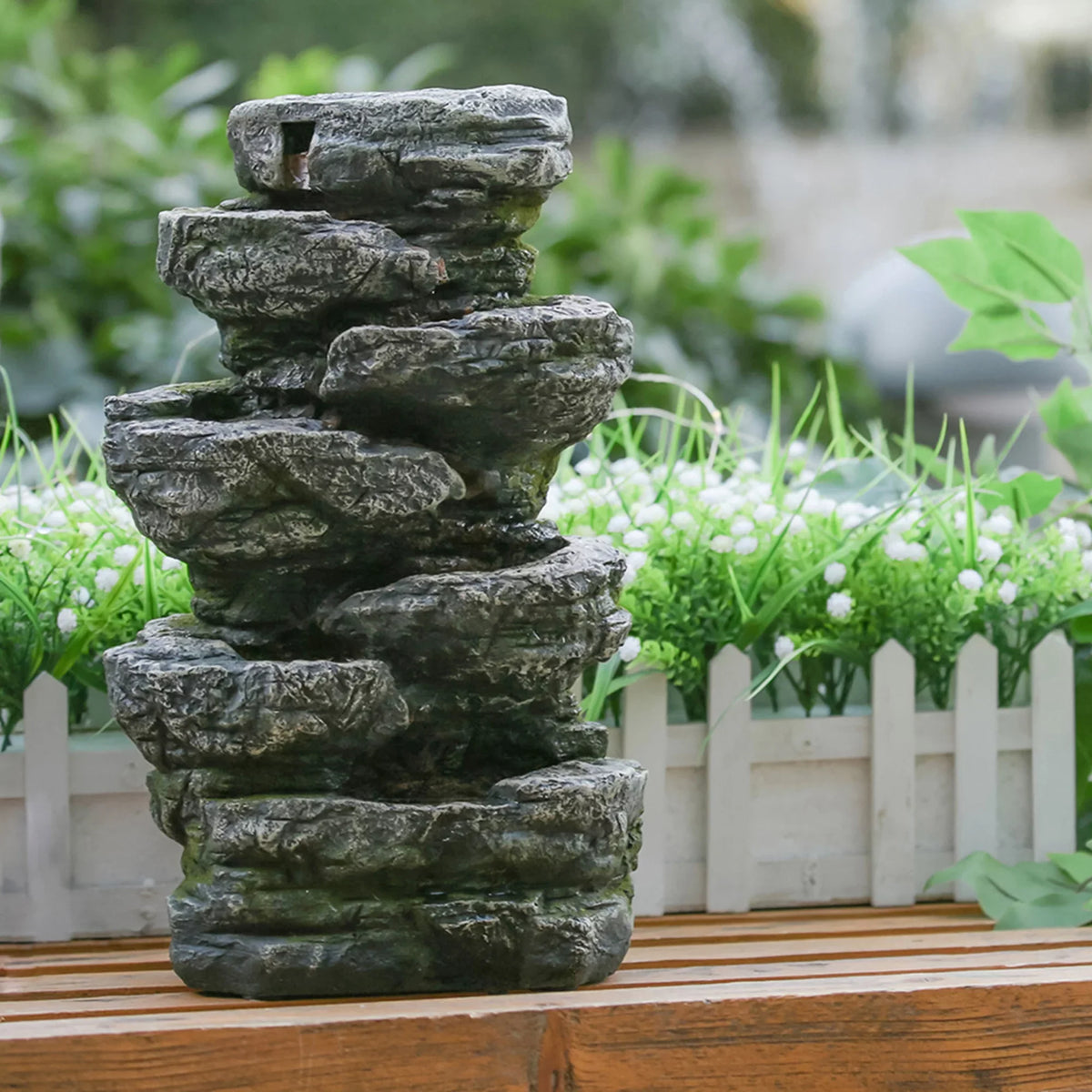 Polyresin 9x5x14" Tabletop Cascading Light Rock Fountain Indoor liquid LED with 7-tier Stone-Look Fountain, Gray