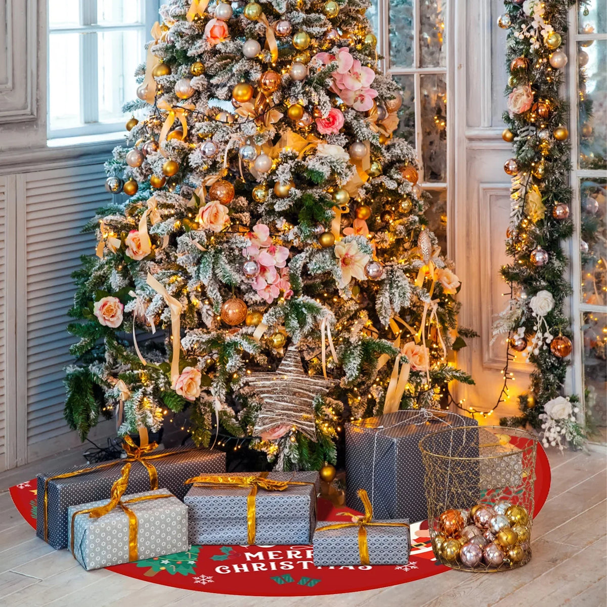 Indoor Party Gold Mat Christmas Tree Skirt exterior for Skirt Snow Holiday Tree Ornaments Tree Soft with Plush Pattern Decorations Red 36 and Christmas Inches
