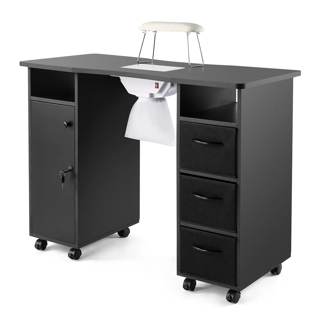 Hand Electric Station Artist Wrist Cushion, Wheels, Drawers, with Lockable Shelves Table Beauty Nail Black Manicure Desk Downdraft Vent,