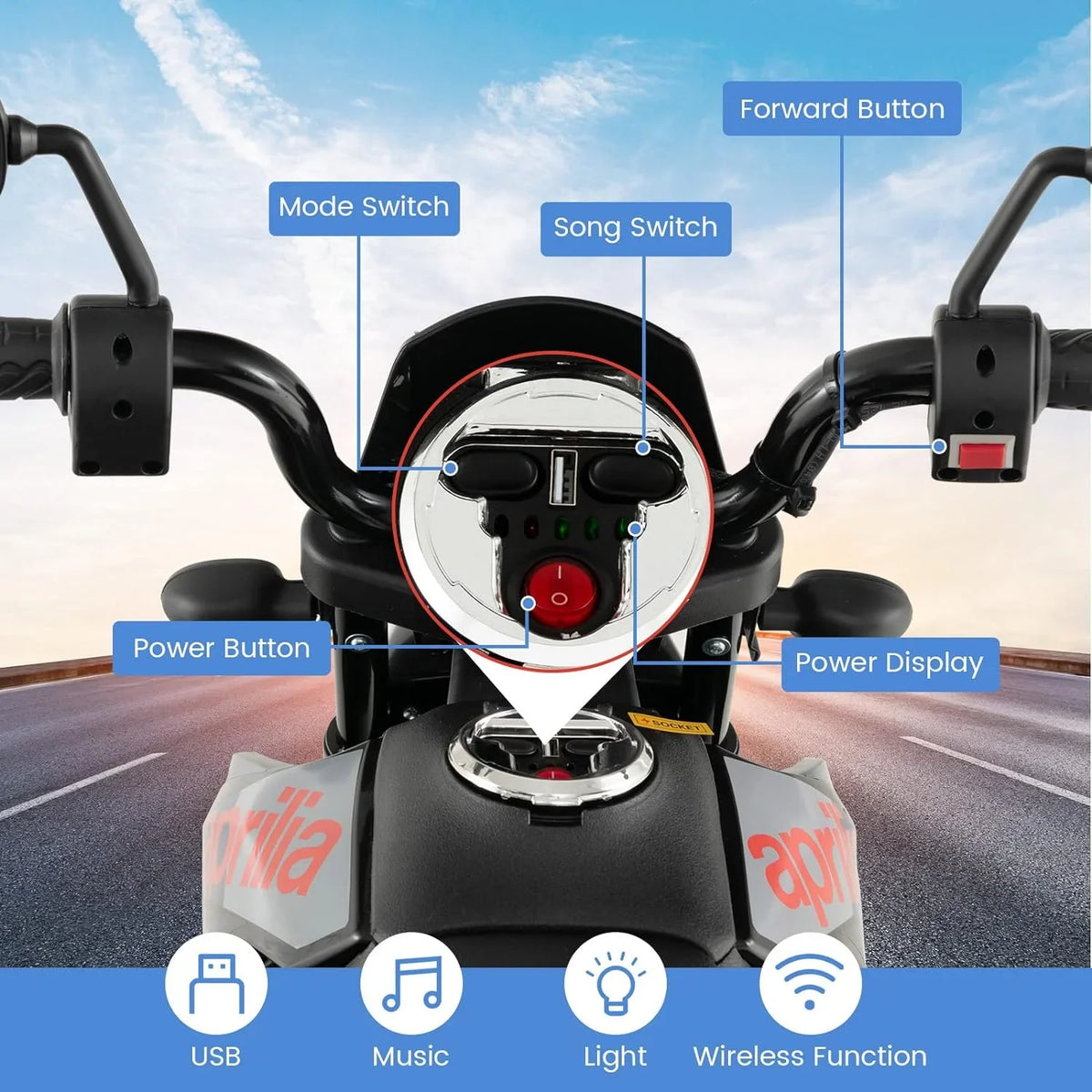Power, with Headlights Battery Electric Blue Kids LED 12V Color Motorcycle Foxhouse1 Ride-on -