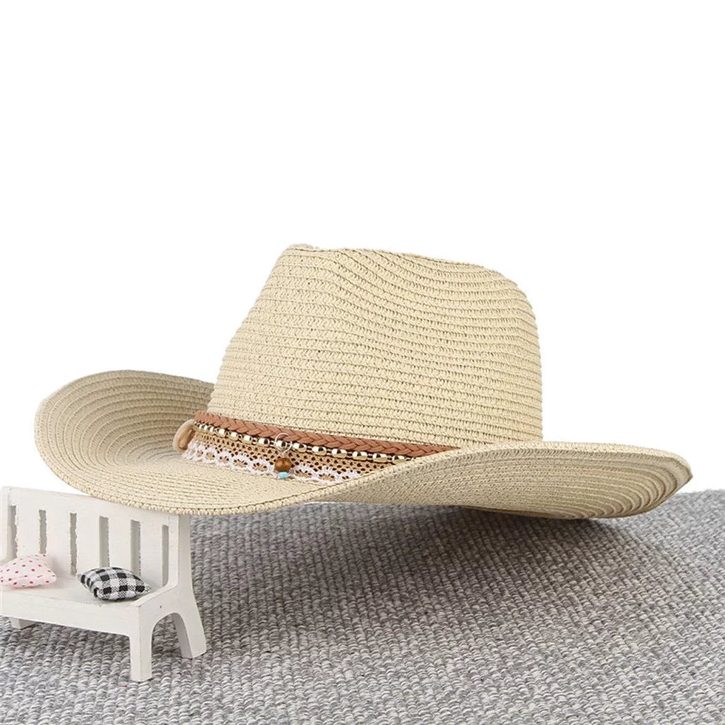 Cowboy Trilby Straw design Sun Western Floppy Beige Brim Big Packable Hat Women