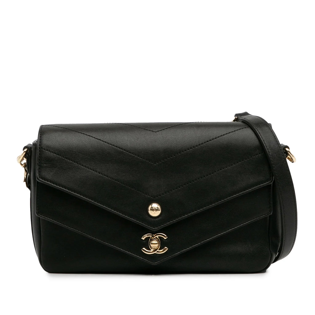 Calf Elaphe Double (Good) Unisex Leather Satchel Pre-Owned skin Chevron Authenticated Flap Black