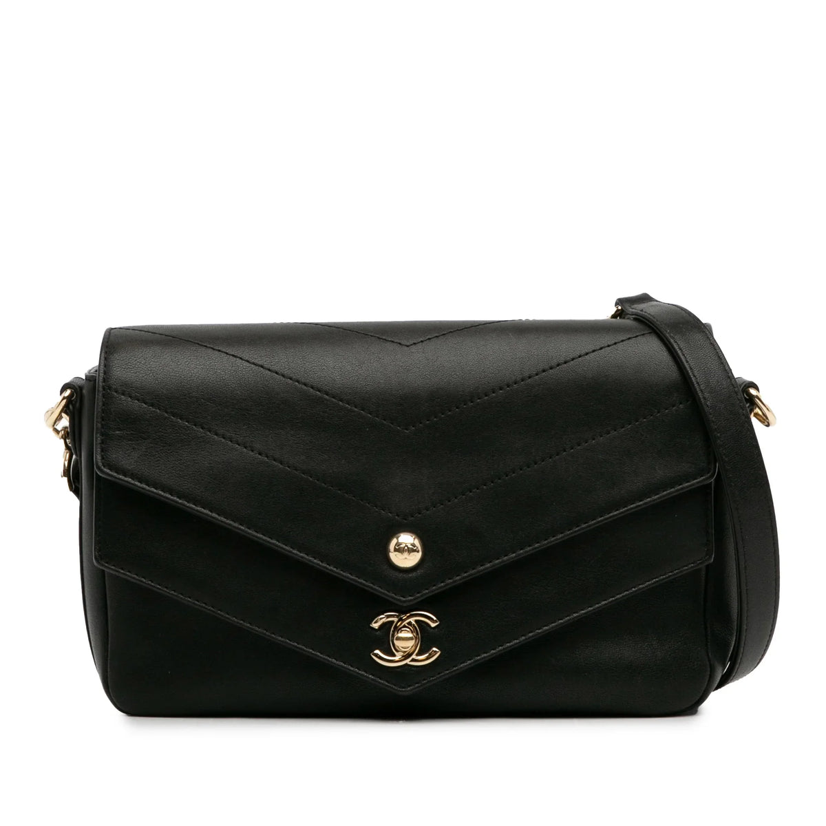 Calf Elaphe Double (Good) Unisex Leather Satchel Pre-Owned skin Chevron Authenticated Flap Black