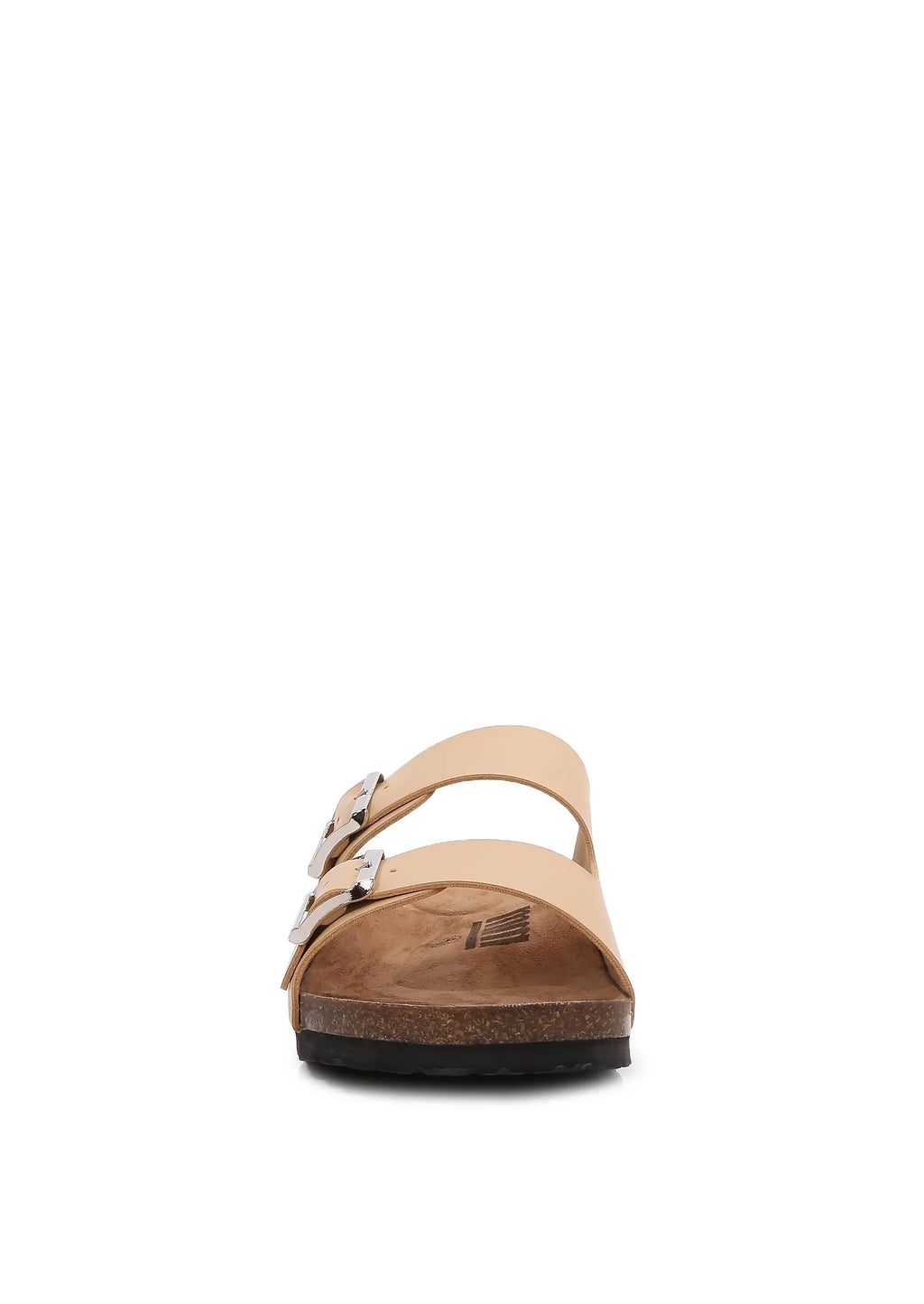 6) (PU Leather Women Cork Footbed Soft Apricot/ Cushioned Strap Double Slider Sandal PU