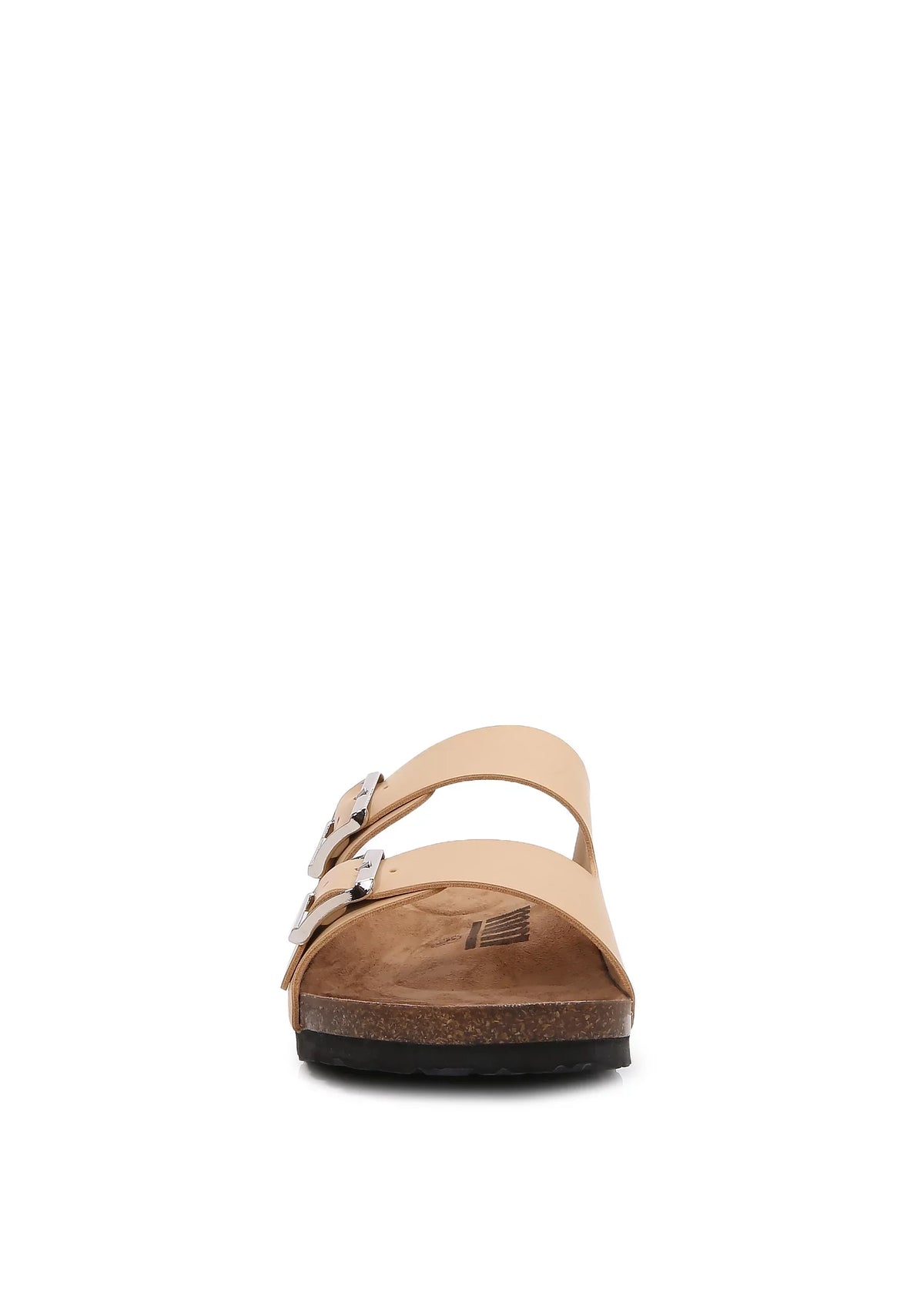 6) (PU Leather Women Cork Footbed Soft Apricot/ Cushioned Strap Double Slider Sandal PU