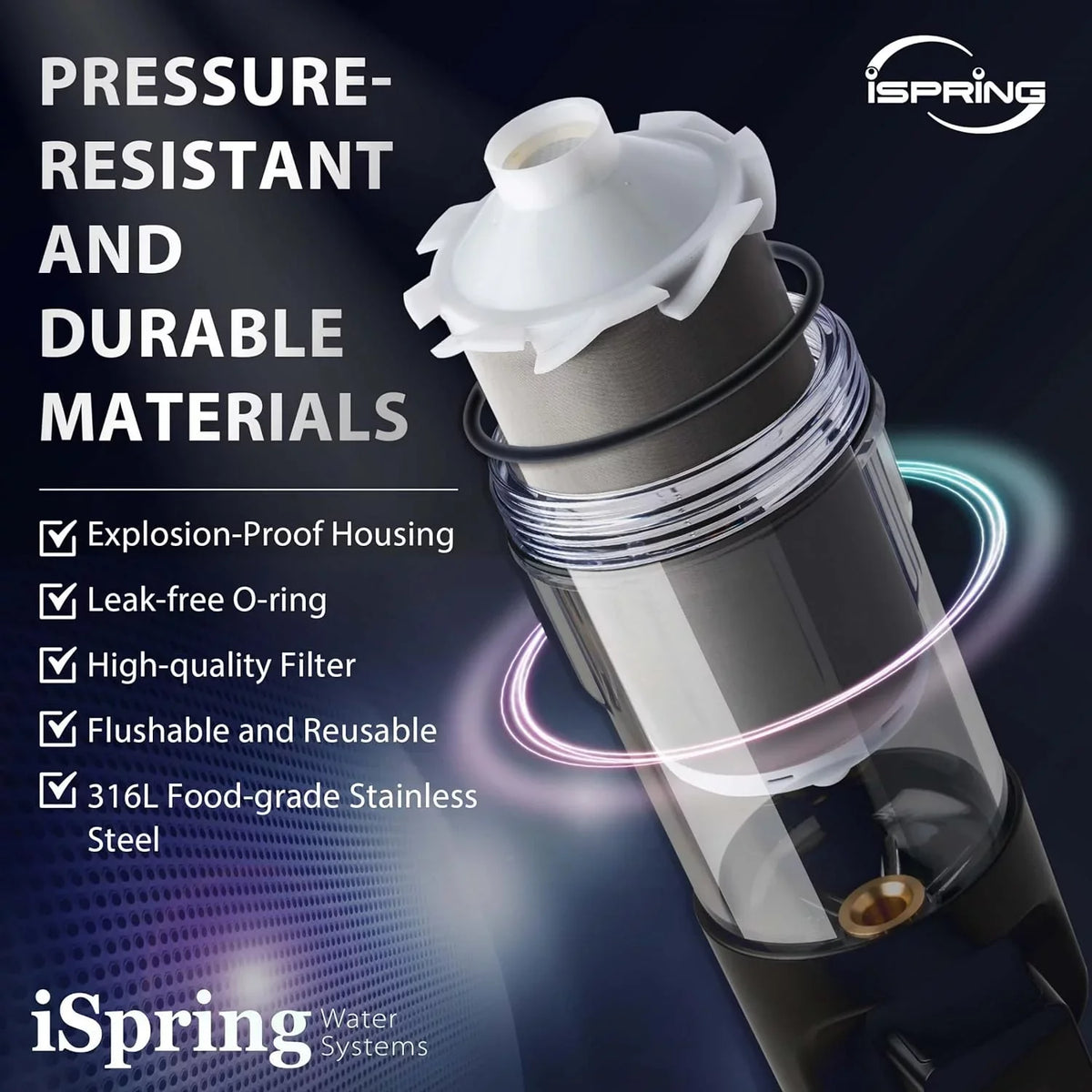 Microns Modes, dimension, Touch-Screen 500 Whole Bypass, 4 Flushable Reusable, Flushing, with House Spin-Down Auto and Prefilter, Filter iSpring Upgraded Housing, WSP500ARJ-BP Clear liquid Sediment Jumbo
