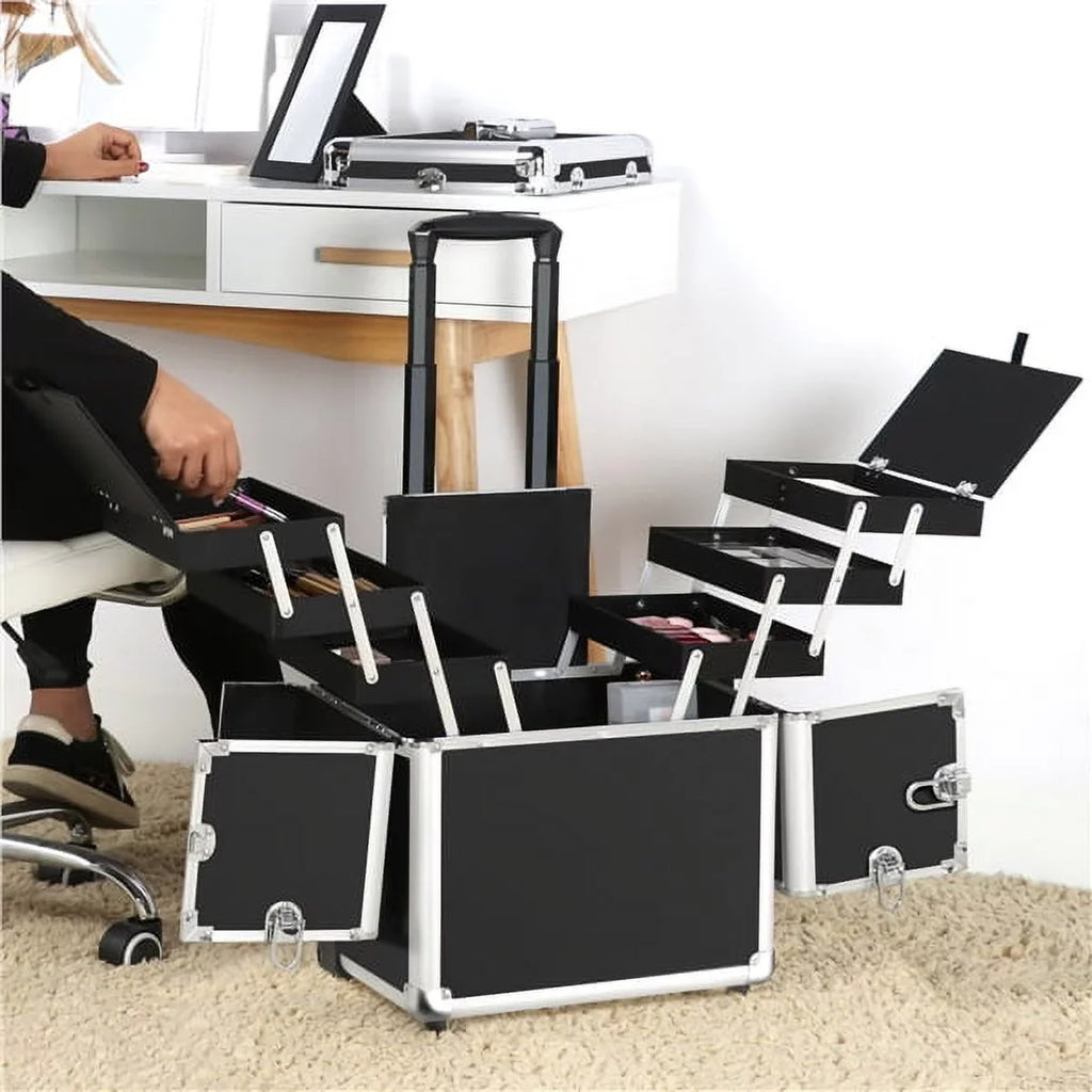 Alden Wheels, Design Mirror, Trays, & Makeup Black Case with Trolley Retractable Rolling