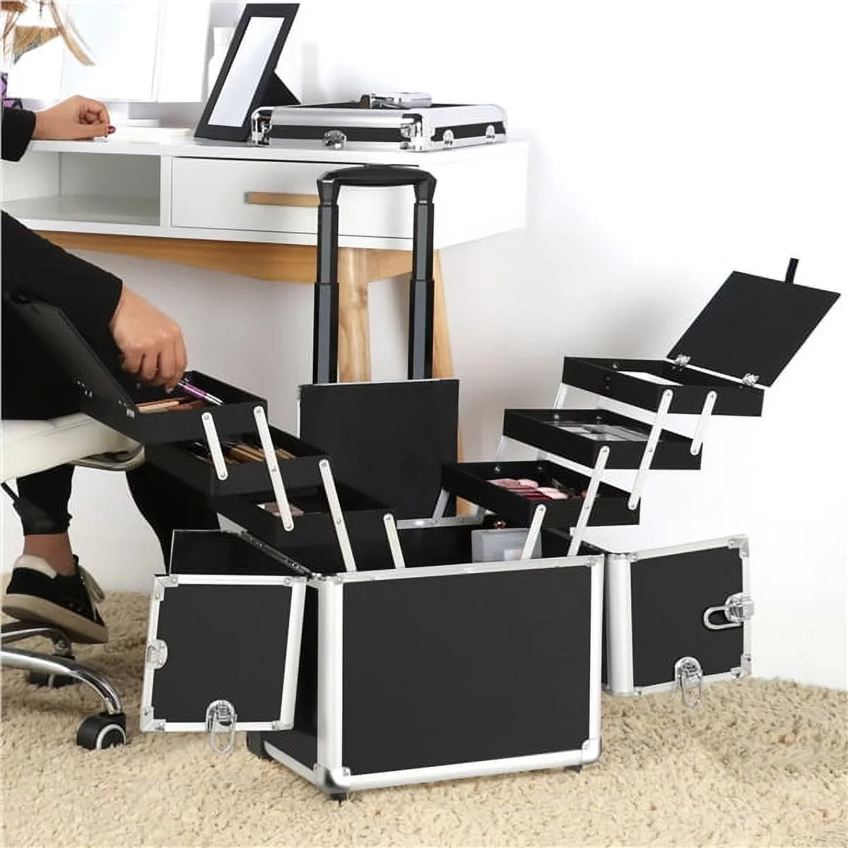 Alden Wheels, Design Mirror, Trays, & Makeup Black Case with Trolley Retractable Rolling