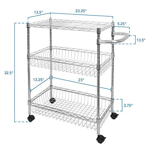 for Organization | Mesh Storage and Silver Storage 3-Tier Wire and | Handle Metal Kitchen Cart Multi-Function Rolling with Heavy-Duty Wheels Mount-It! Cart Trolley |