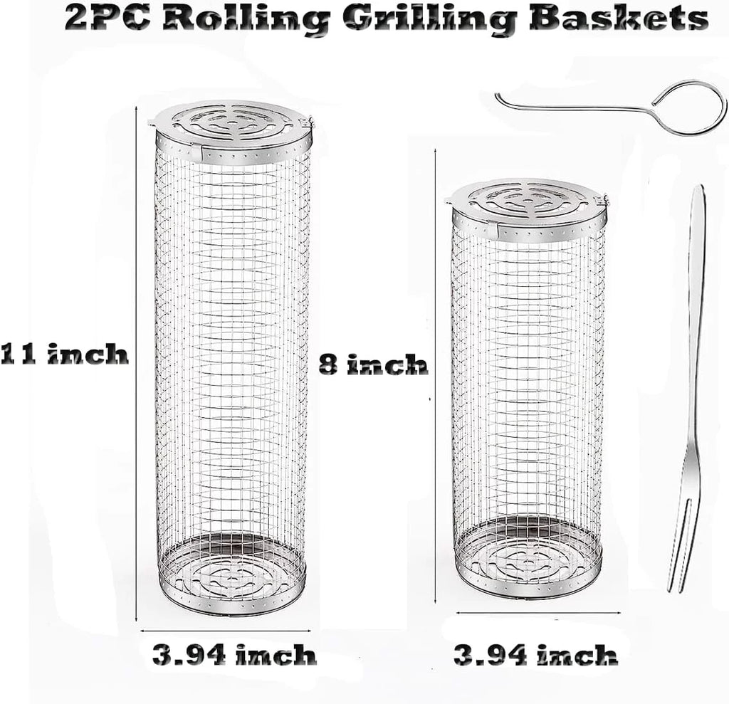 BBQ Camping Grilling Rack ，Portable 2PC Grilling Barbeque Griller Shrimp, Accessories Cooking BBQ Fish, Barbecue Vegetables, Basket Rolling exterior for Basket，Round