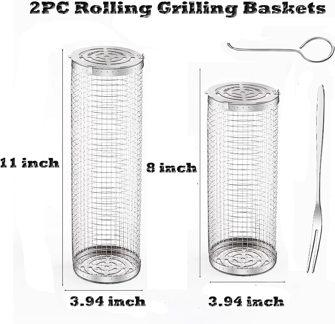 BBQ Camping Grilling Rack ，Portable 2PC Grilling Barbeque Griller Shrimp, Accessories Cooking BBQ Fish, Barbecue Vegetables, Basket Rolling exterior for Basket，Round