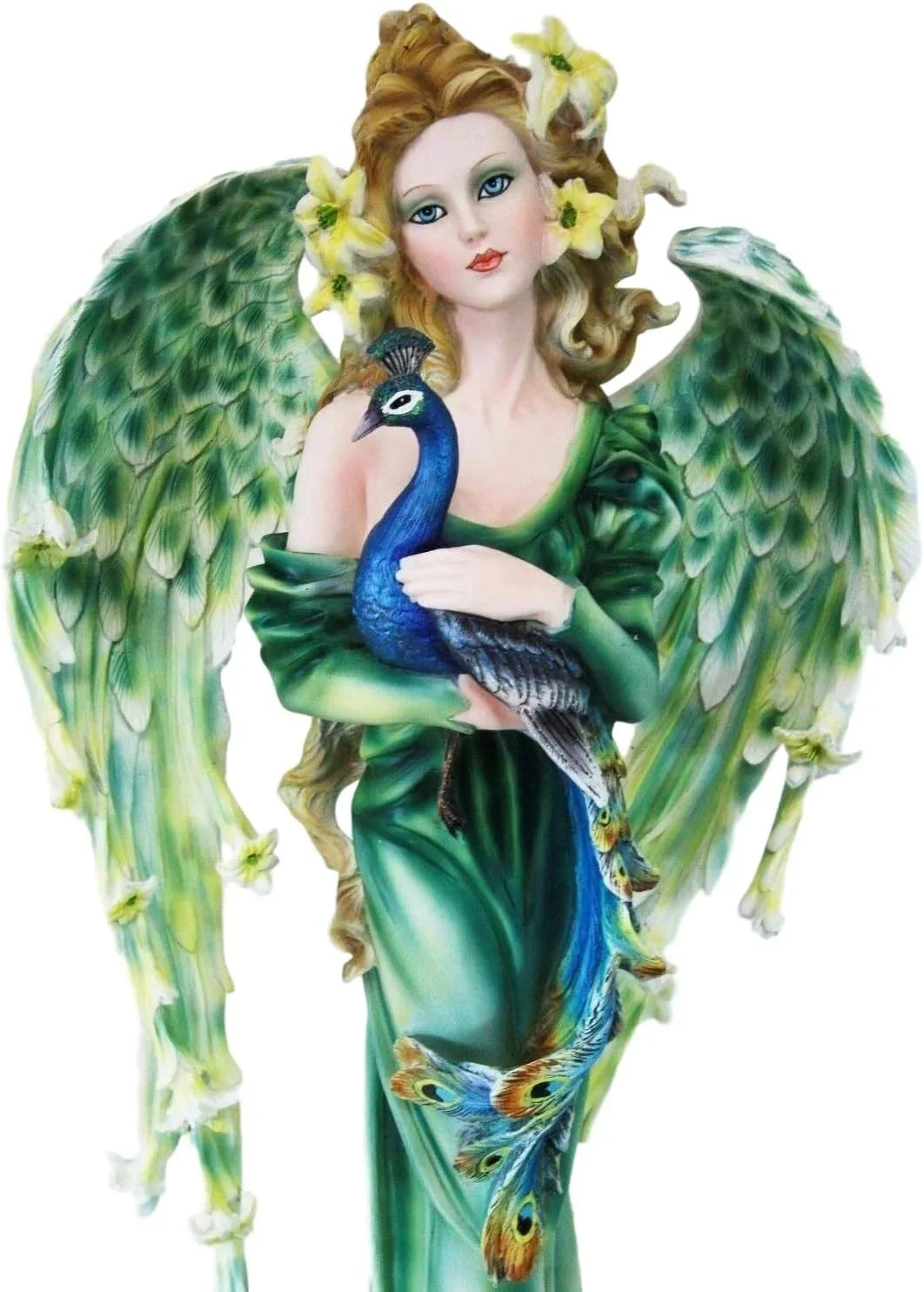 Collectible Green 21" Mother Faries Garden FAE Statue Peacock Decorative Magic Figurine Fairy Iridescent DIY Train Tall Faery Fantasy Large Pixie