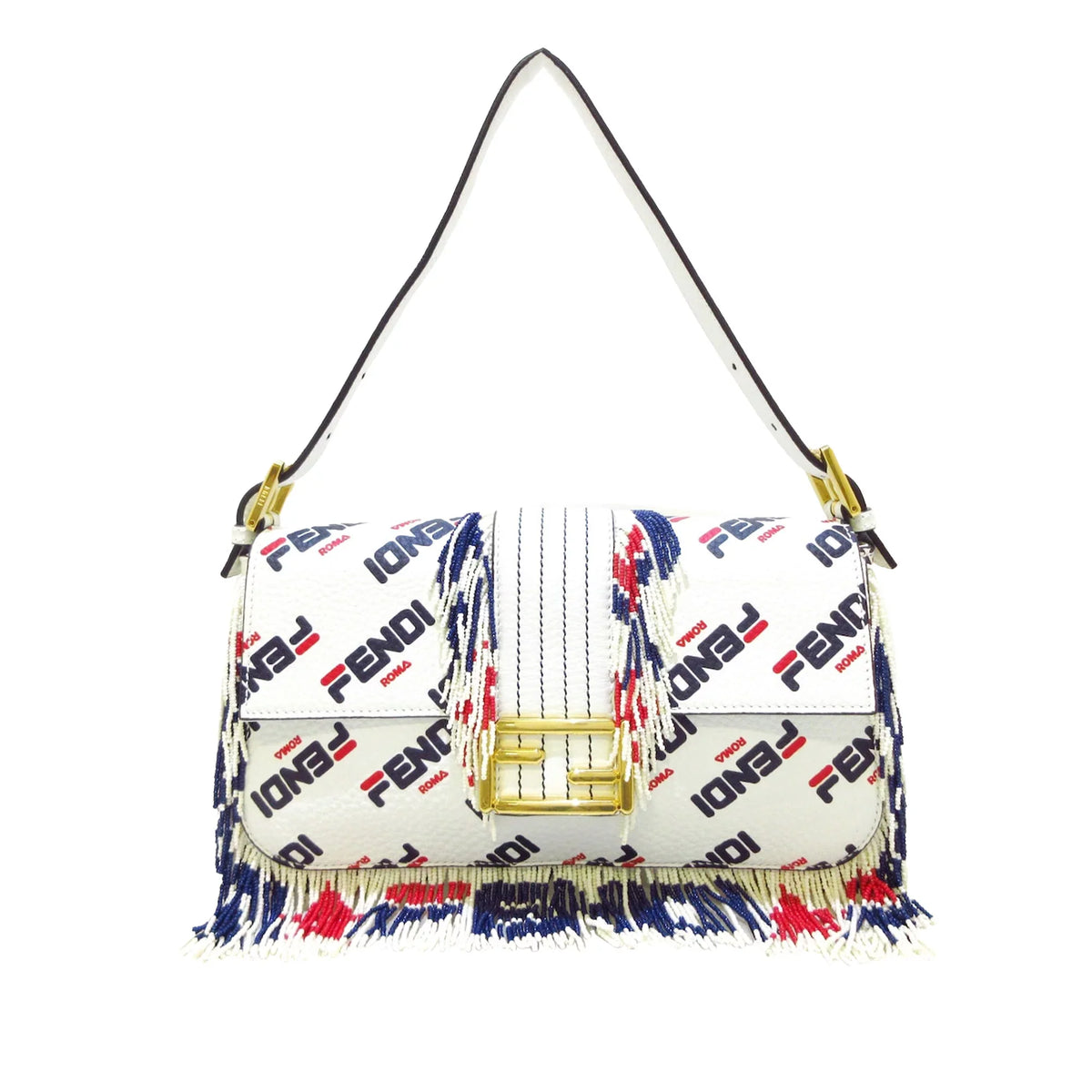 Shoulder Baguette Unisex White Authenticated Fila Calf Bag (Good) Leather Mania Fendi Pre-Owned Beaded