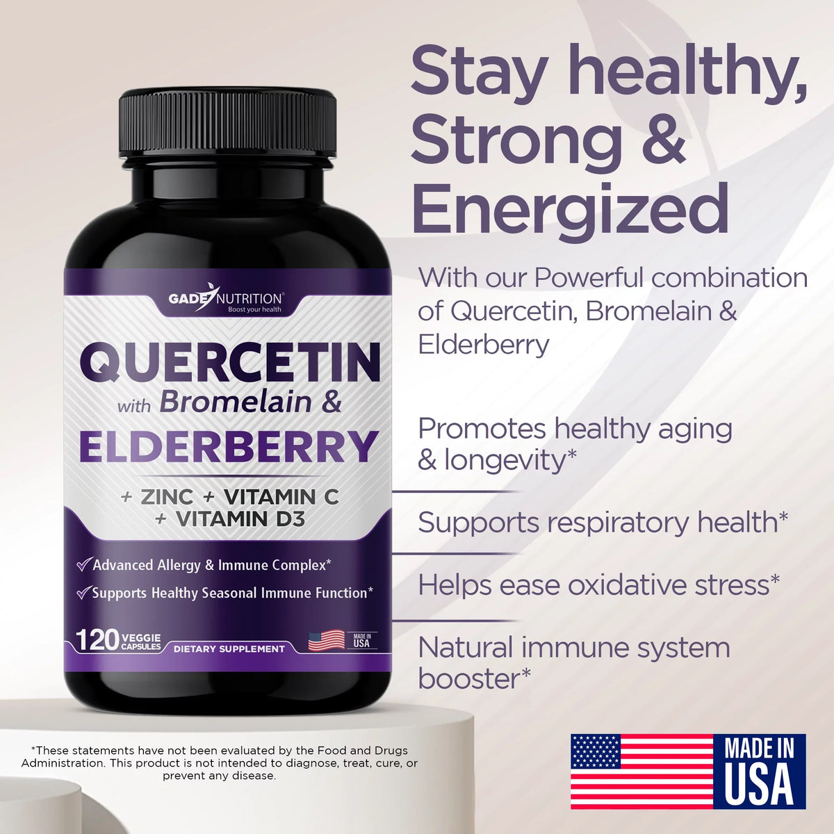 '- USA 500mg - Quercetin Vitamin - Quercetin in - Zinc Support, - D3 - Supply Quercetin 1 C Immune Vitamin Zinc and Months - Elderberry 4 Non-GMO, Daily - 6 Quercetin Bromelain with Gluten-Free with