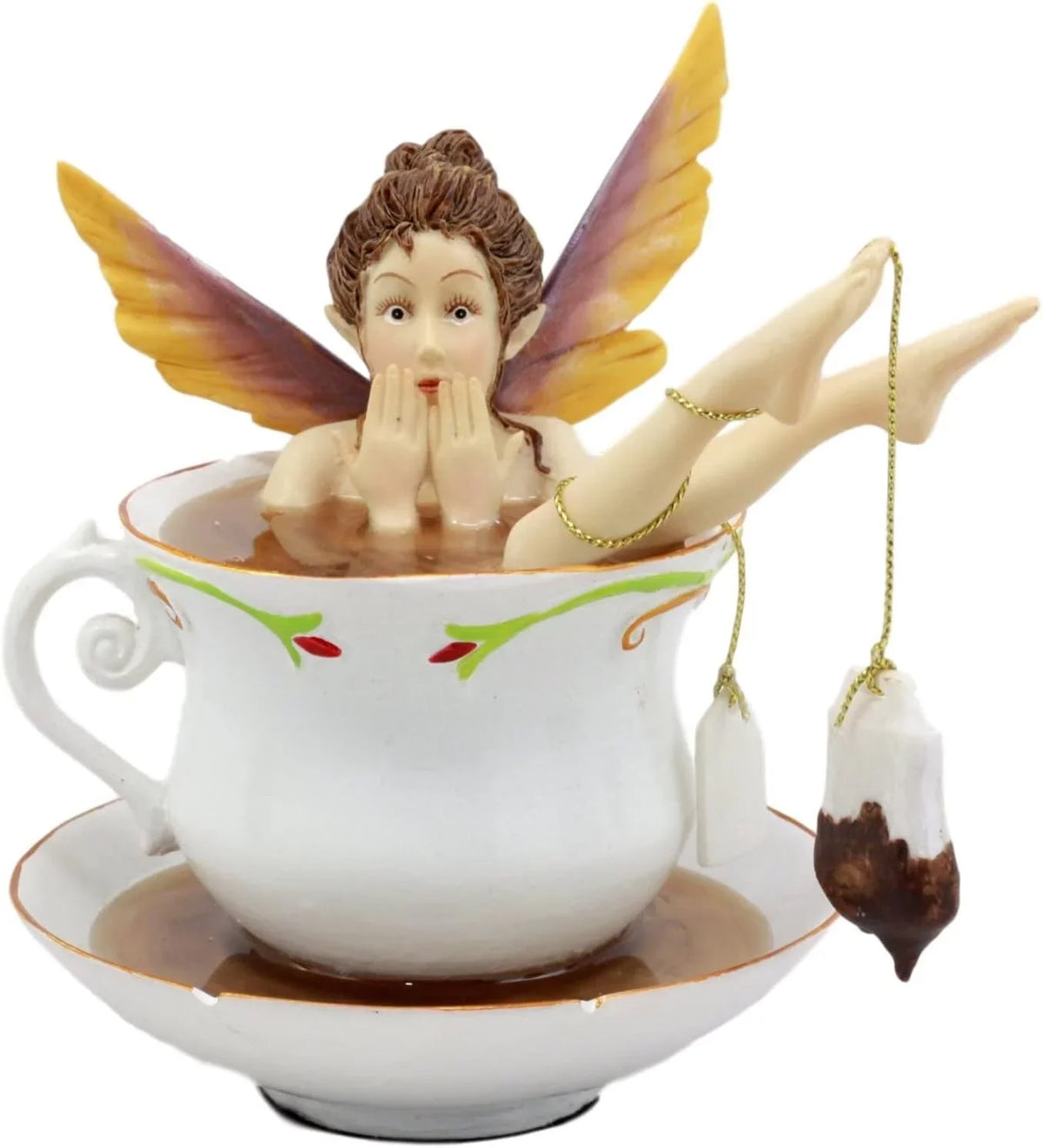 Fairy With Tea Fantasy Tea Shocked Fairy Tea Cup In Bathing 5" H Design Figurine Collectible Saucer Ebros Time Magical Encounters Bag Cracked With