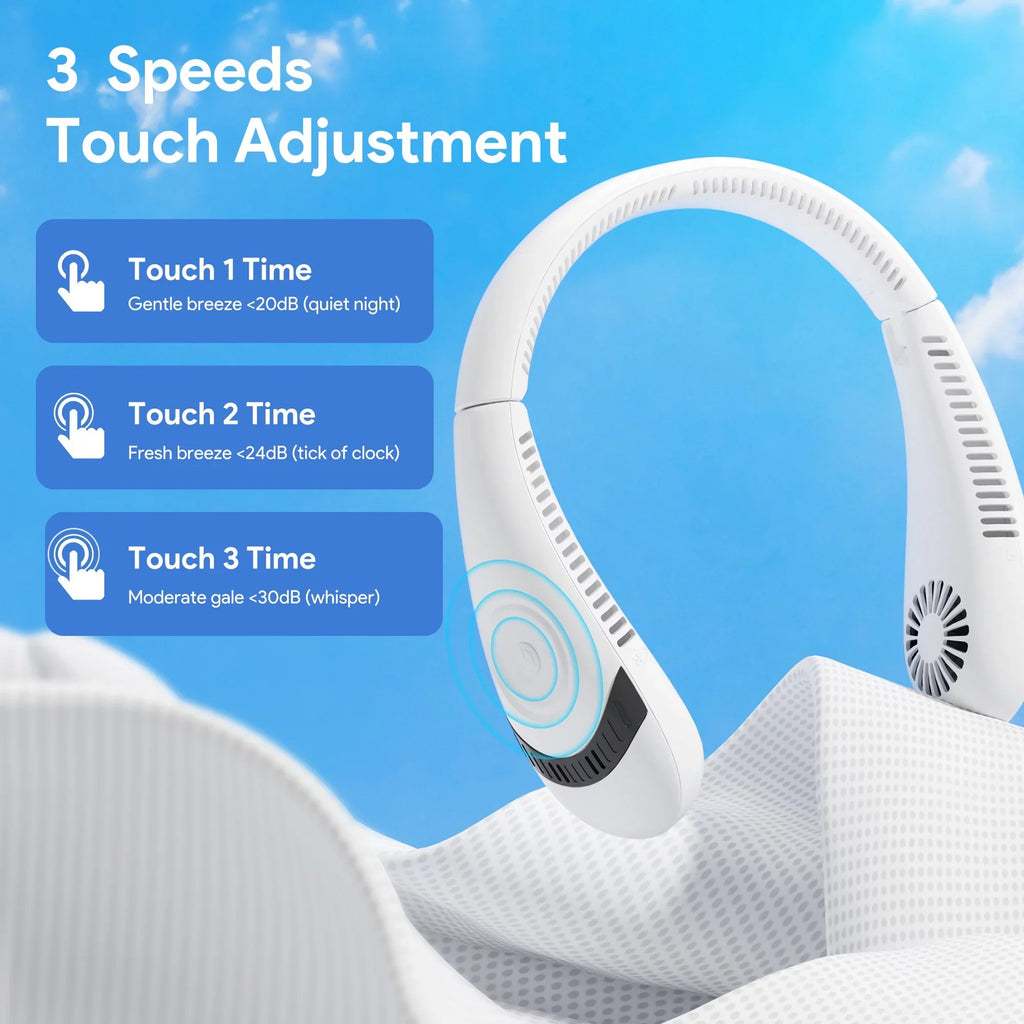 Speeds Folding Mini Neck 5000mAh LCD Fanwtith Cooling Bladeless White USB Summer 3 Portable 360°Airflow Neck Fans, Rechargeable Fan Display,