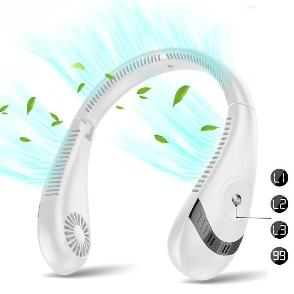 Speeds Folding Mini Neck 5000mAh LCD Fanwtith Cooling Bladeless White USB Summer 3 Portable 360°Airflow Neck Fans, Rechargeable Fan Display,