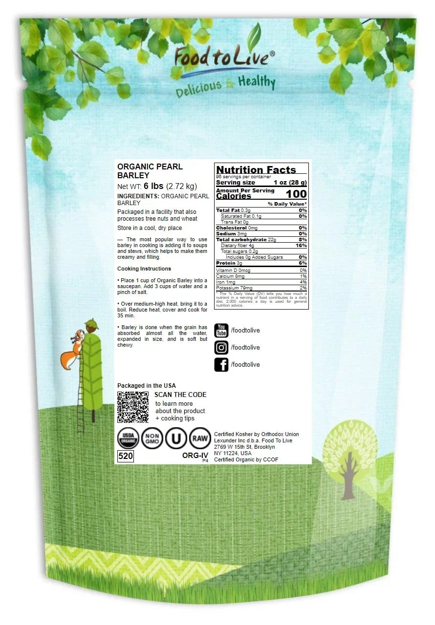 Food to 6 Organic Raw, Live Vegan — Non-GMO, — Barley, by Pounds Kosher, Pearl