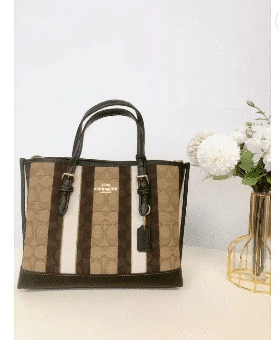 Stripes Tote Jacquard 25 IN In Multi Black With Signature Mollie Khaki Coach C8416