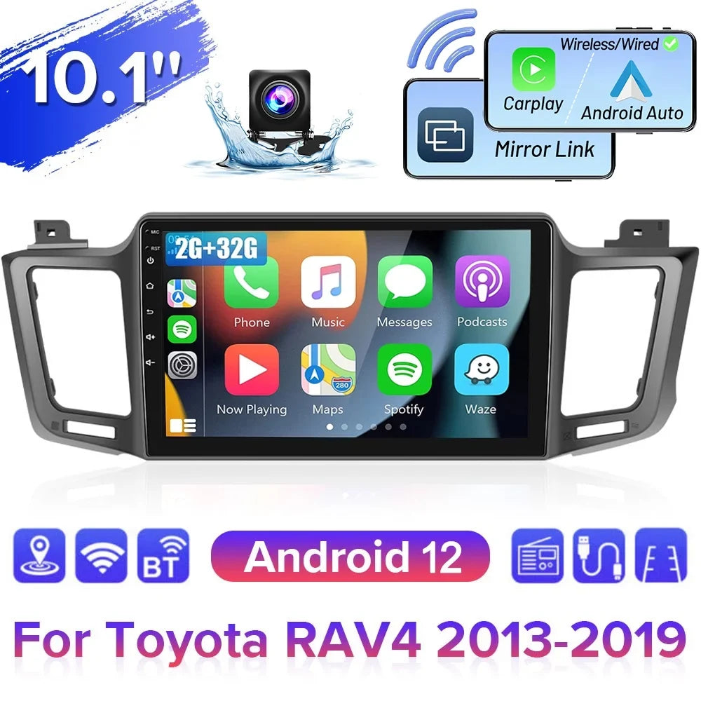 12 GPS Mirror Wireless FM Car 2+32G 1080P Bluetooth, Android for Touchscreen Auto 2013-2019 WIFI Toyota Backup Carplay Podofo HD Stereo Radio Camera RAV4 Android 10'' AHD Link