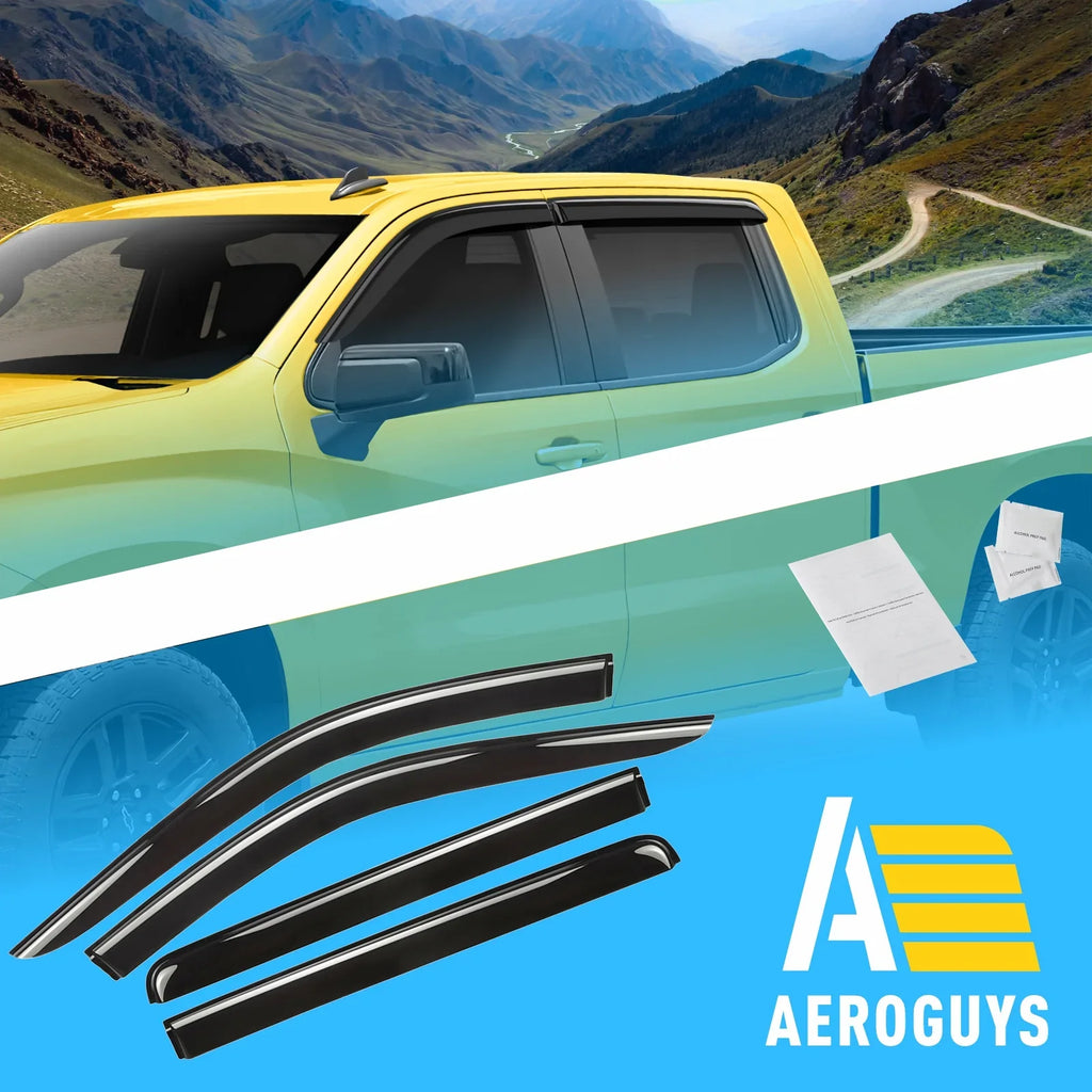 Accessories (Chevy) Deflectors Fit Window Sun Rain AEROGUYS Window Silverado Visors, Cab, Chevrolet 4pcs. Wind Durable - Truck Guards 2019-2024 Extra Tape-On AG0422 1500 Visors Visors, Vent for Crew