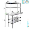 & Shelves 14" Shelving Work Table Kitchen Overshelf Two | 12" Stainless Double Tier 30" Metal Wide | Table Steel x Prep Combo With