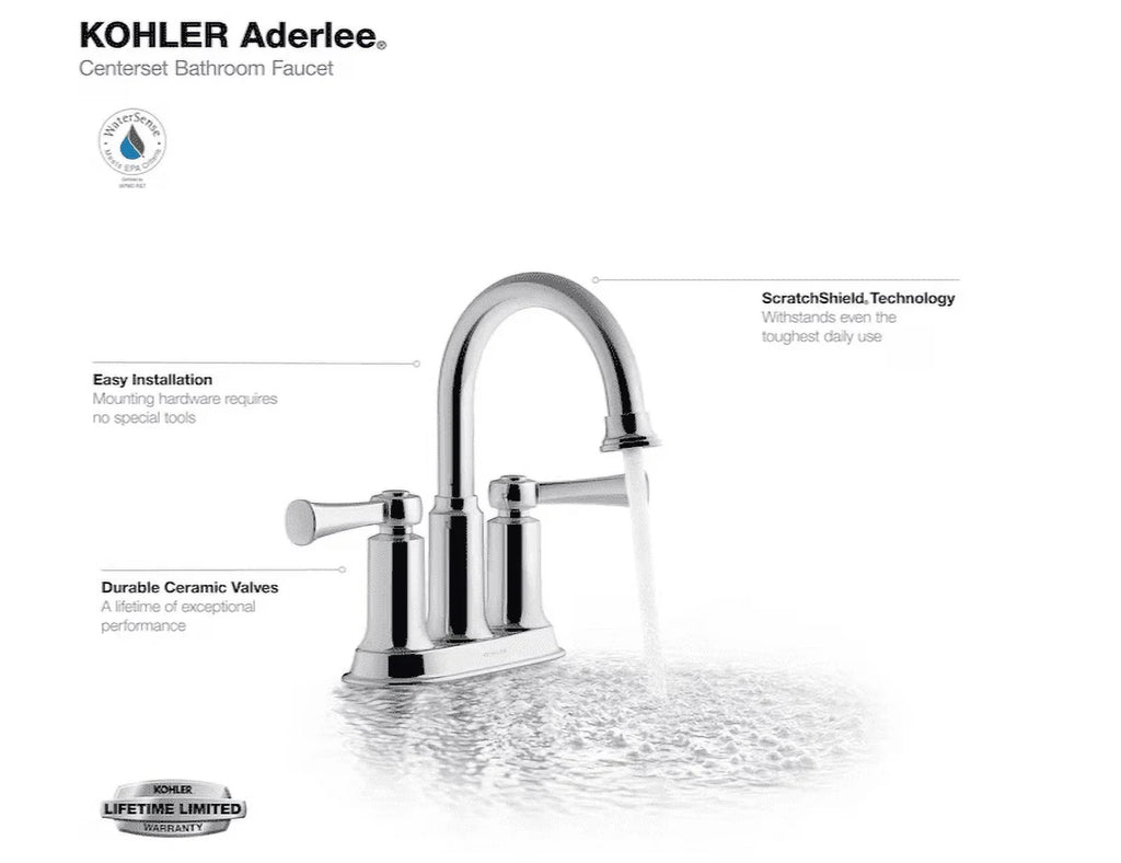 Faucet, Bathroom Polished Sink Kohler Chrome Center-Set 1.2GPM Aderlee