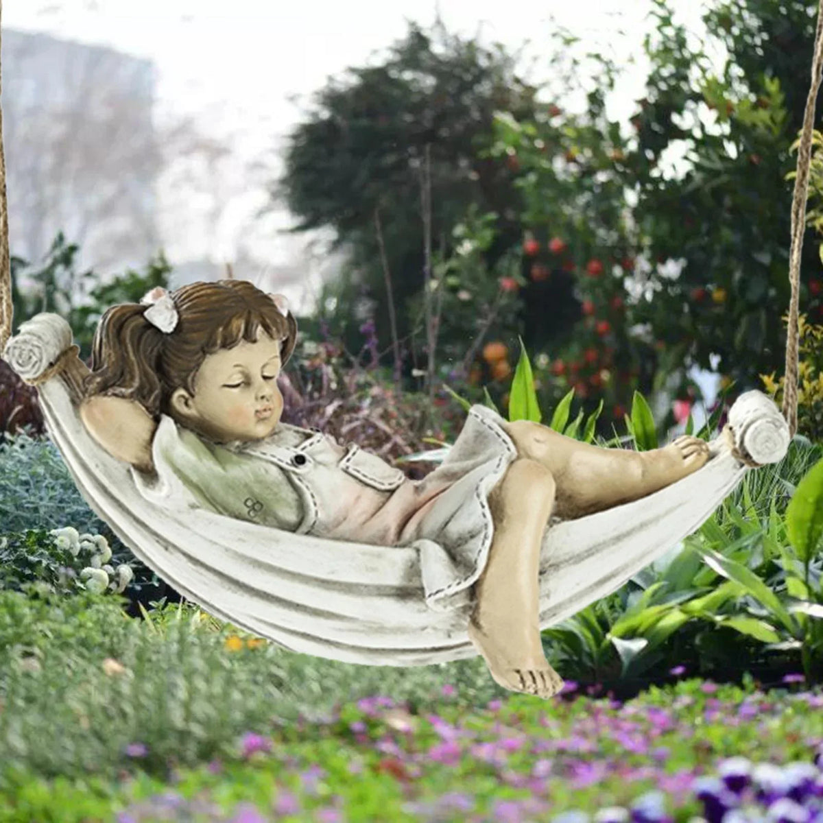 Tree Ornament Lawn Pond Yard Nordic Figurine Landscaping on Statue, Swing Fountain Sculpture, Hanging Hand Crafts Girls Garden Decorative