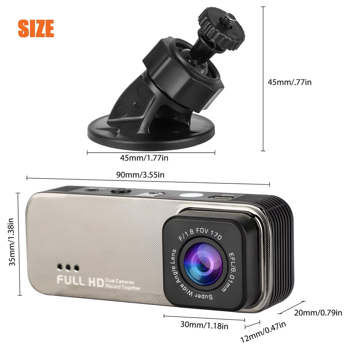 Dash Dual Detection, 170° 1080P Dash Cars, Camera Black Recorder WDR, Dual Motion 3.16inch TSV Camera Rear Angle G-Sensor, Cam, Front with Wide and Parking Dashboard for Monitoring, Display,