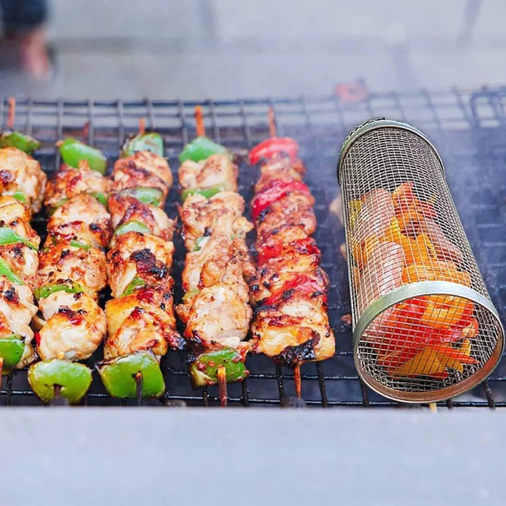 BBQ Camping Grilling Rack ，Portable 2PC Grilling Barbeque Griller Shrimp, Accessories Cooking BBQ Fish, Barbecue Vegetables, Basket Rolling exterior for Basket，Round