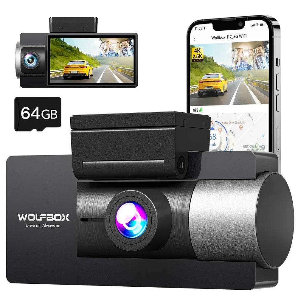 WiFi Night Cam 4K+2.5K Dash 3" UHD Super LCD Car GPS, Built-in Camera Vision, Rear, with and Front 4K Cam Dash IR WOLFBOX 64GB Dual 5G Vehicle Camera Card, Dash with
