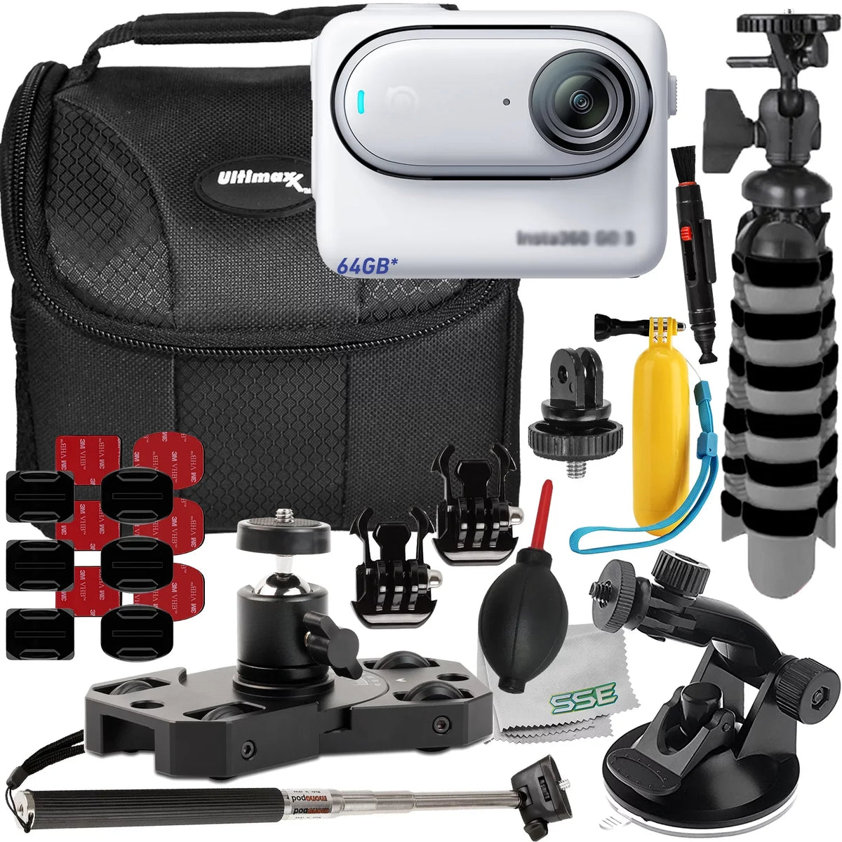 Bundle GO Cam Adapter Mounts, 3 Ultimaxx Insta360 Camera Action & Bundle) for Screw Advanced - Action Dolly 1/4” More Metal Includes: Mini (64GB) (25pc