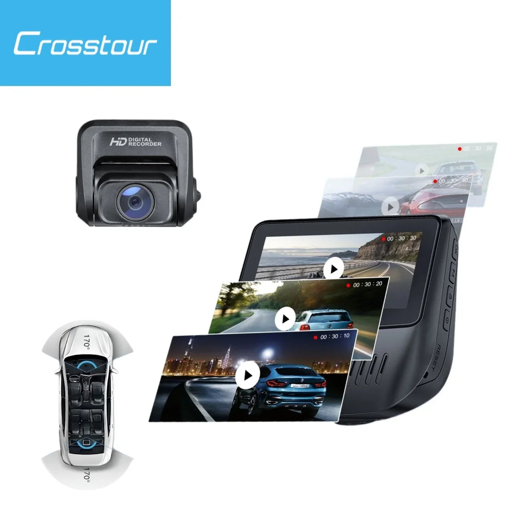 Front Camera,External Dash Rear 3”Car Security Sensor,128GB Crosstour Supported, Max,Black GPS Cam,1080P and