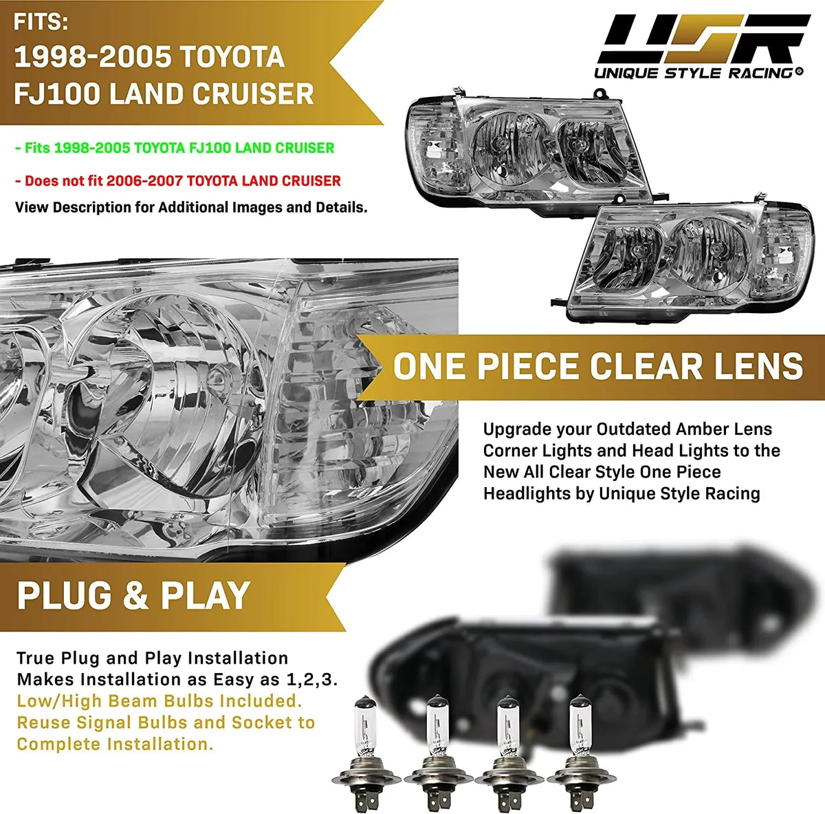 100 Headlights + Compatible with Set FJ100 design (Euro Design) DEPO FJ - (Left Land 1998-2005 Piece Right) Toyota Corner Clear Cruiser with ONE USR Headlamps