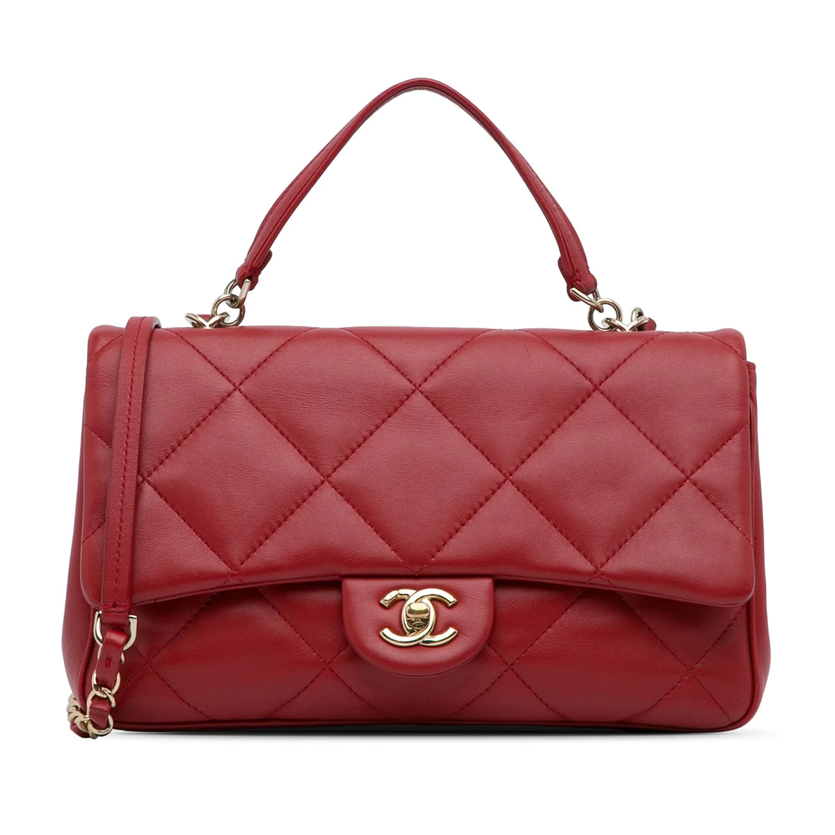 Lambskin Leather Authenticated (Good) Carry Unisex Red Small Easy Satchel Bag Pre-Owned Flap