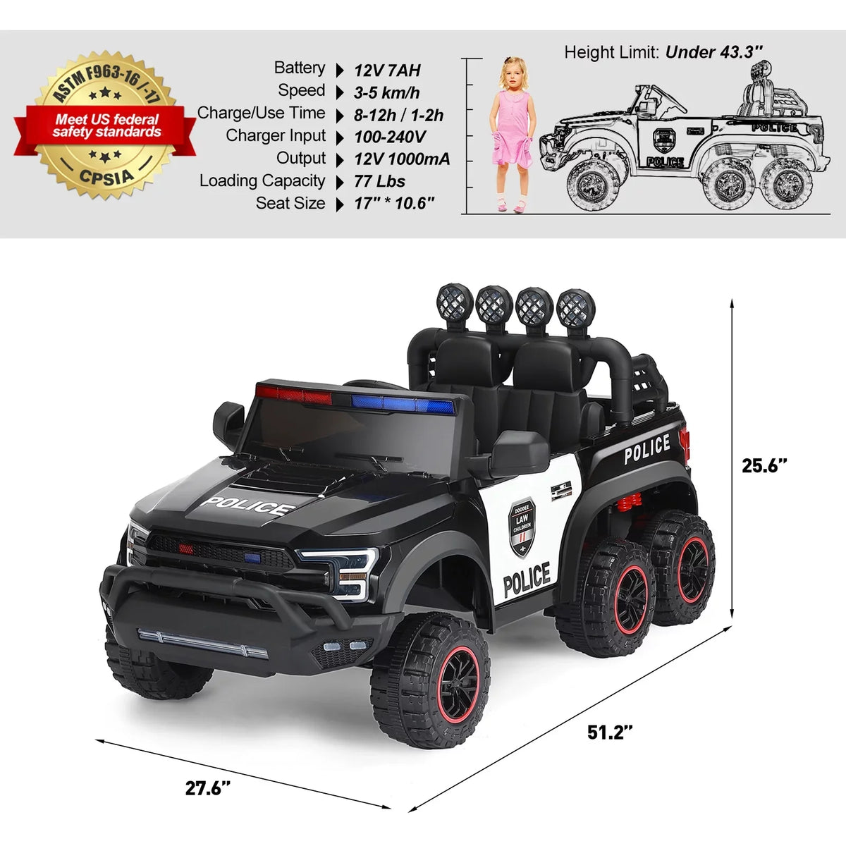 with 6 Toy 12V Ride on Control Kids Police (Black) Remote JOYLDIAS Car Wheels