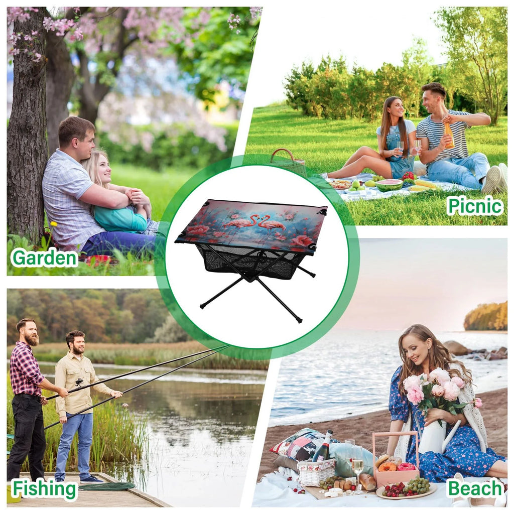 Fishing Table Camping Hiking Flamingos Table for Portable Picnic Flowers Storage with Bag Foldable Beach and Table BBQ exterior Compact