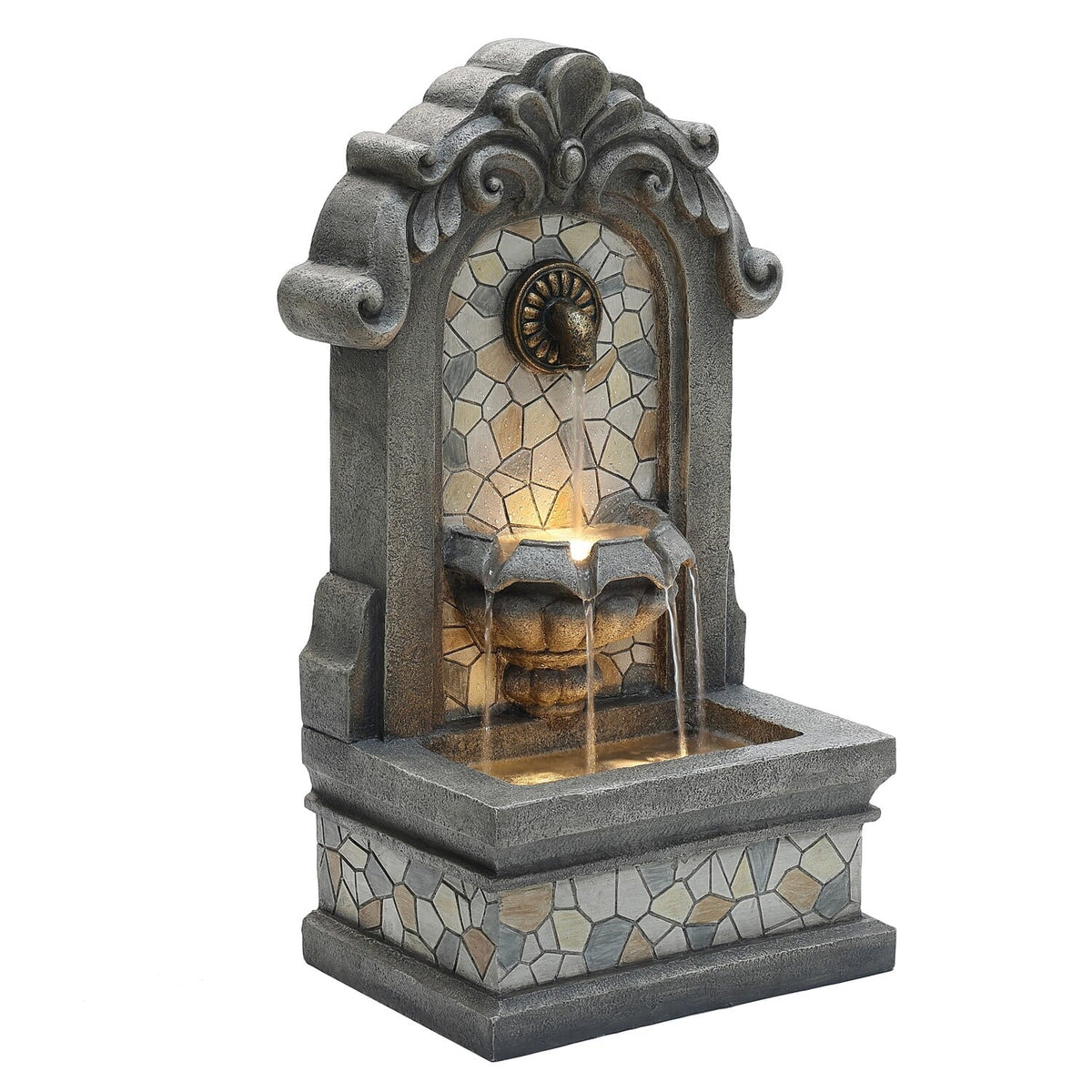 liquid H Lights Mosaic with Fountain Wall LuxenHome Freestanding Resin Gray 27" exterior