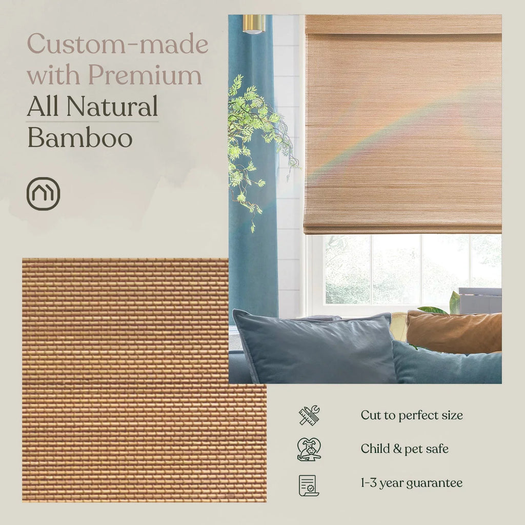 Windows (Sheer) MOOD | Bamboo Cordless Woven Custom Natural 72"H | Shades for WOVEN Hickory 34.5"W Woven | Shades | Designer Roman Wood x Wood
