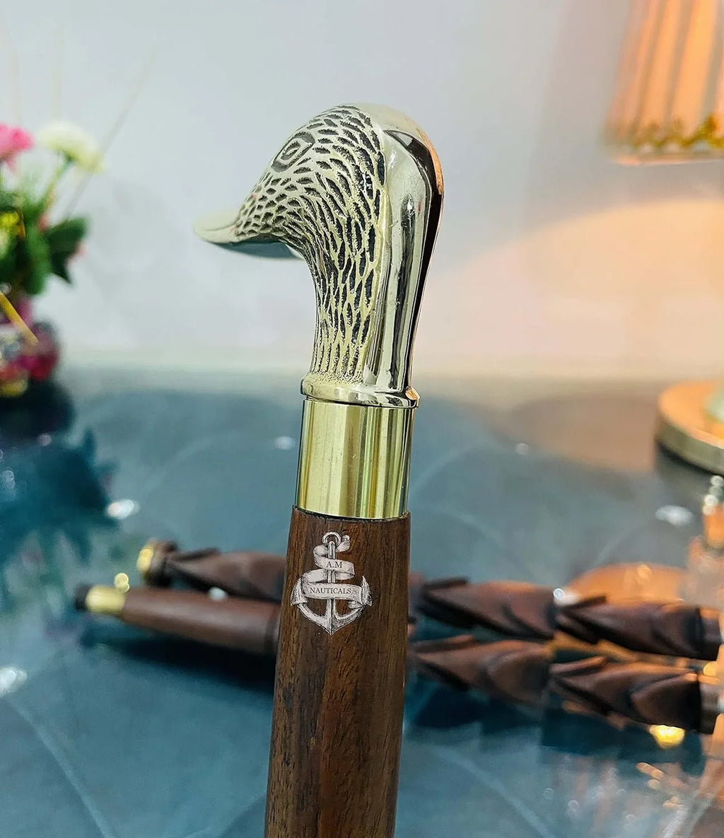 Brass Face Walking Duck Handle Head Solid Stick Wooden Walking Brass Stick