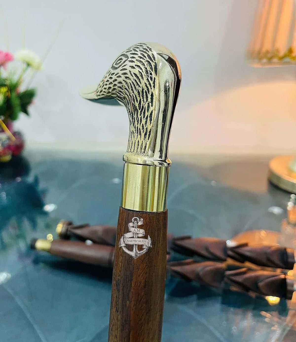 Brass Face Walking Duck Handle Head Solid Stick Wooden Walking Brass Stick