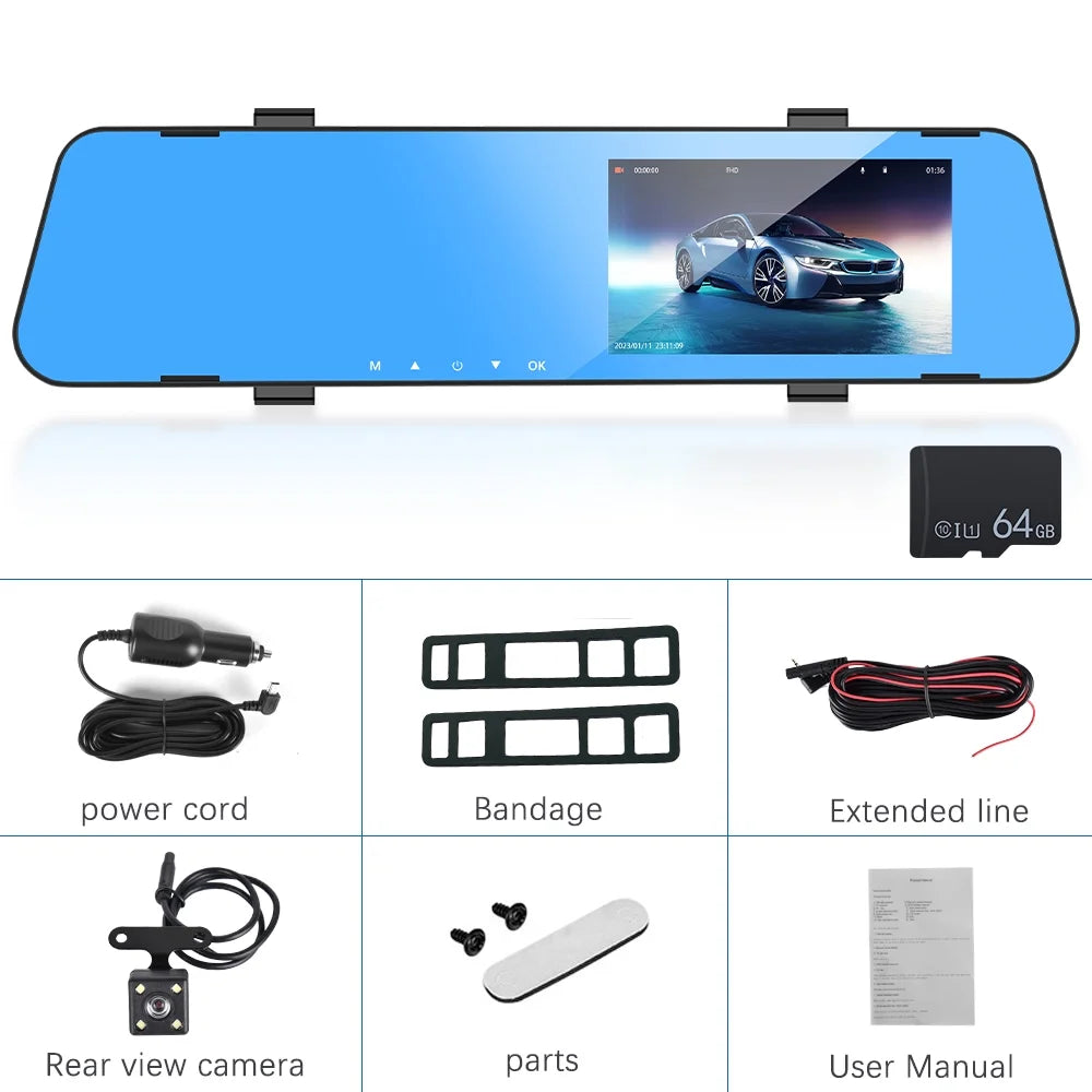 Lens Cam Rearview Dual Video 4.5in Automobile Recorder Mirror Full Recorder Dvr Cam Automobile Rearview Dash Dash Cycle Mirror Hd Podofo 1080p