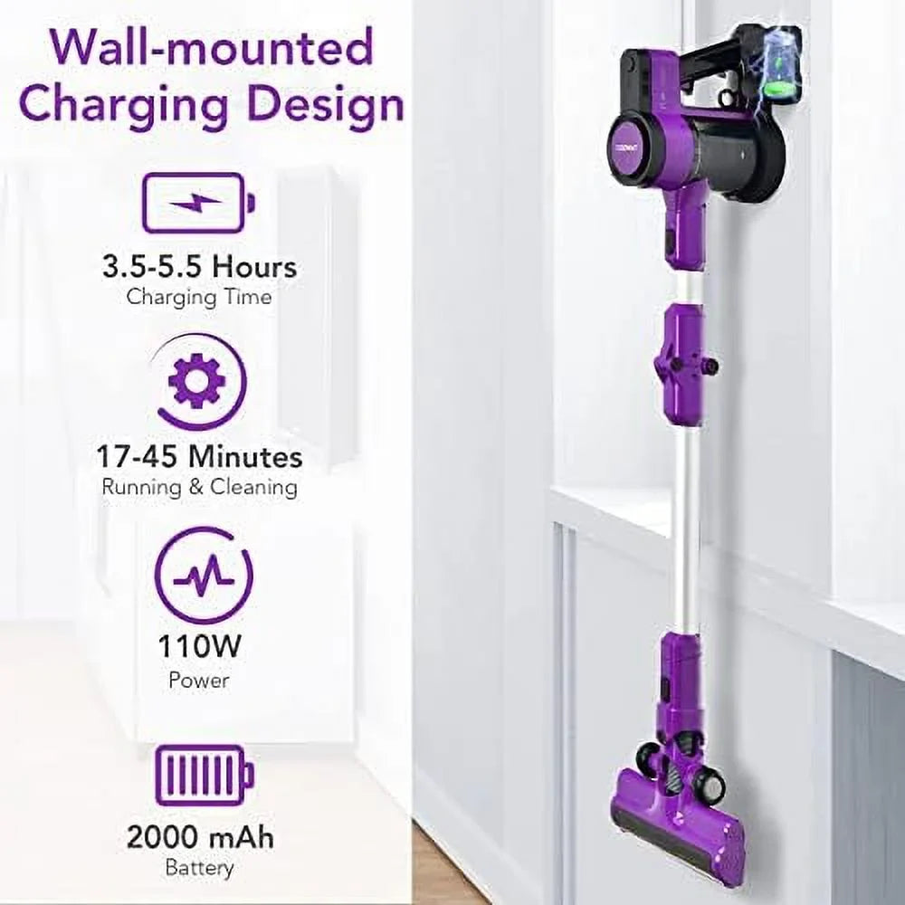For Vacuum With Vacuum Handheld 3-In-1 Cordless Stick Cleaner, Floor Hard (Purple) 2000Mah Runtime Lightweight Hair, Vacuum Wall-Mounted Battery, Carpet Pet Rechargeable & 45-Minute & Car,