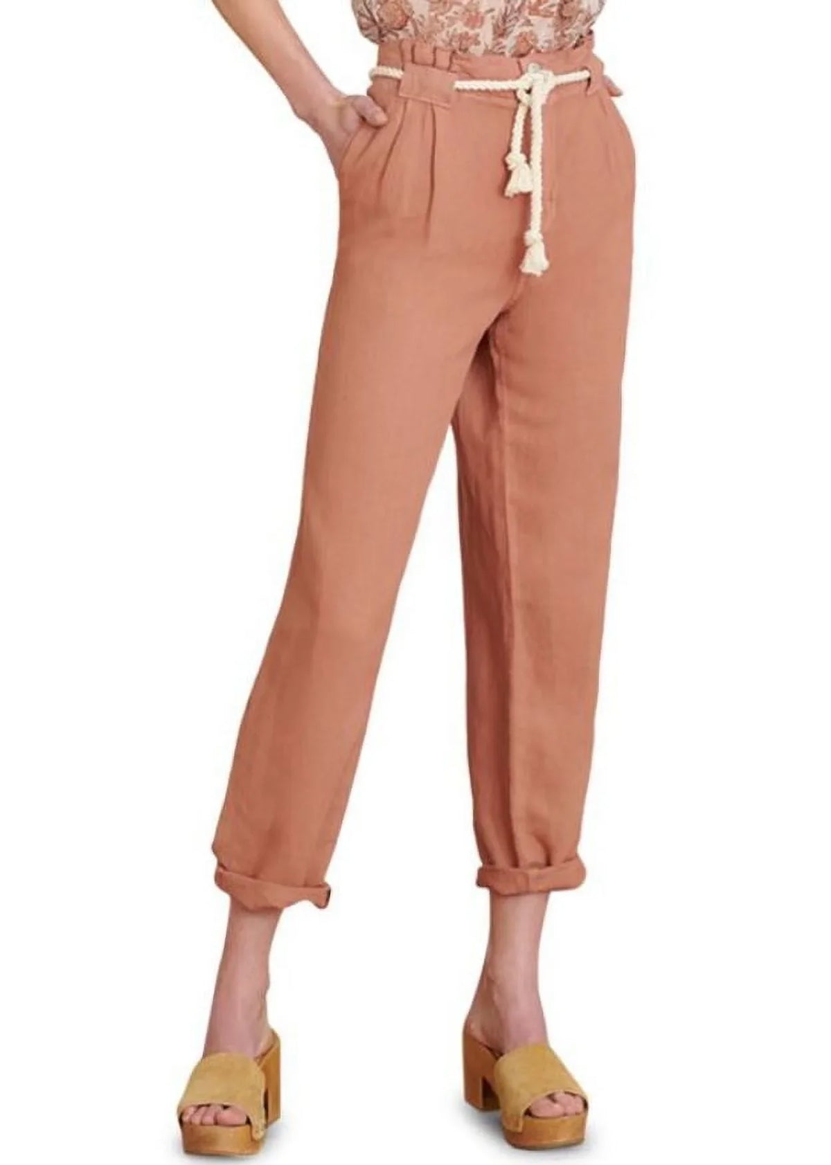 Veronica Beard Belted Karter Mocha Linen-Cotton Women's Pants, 12